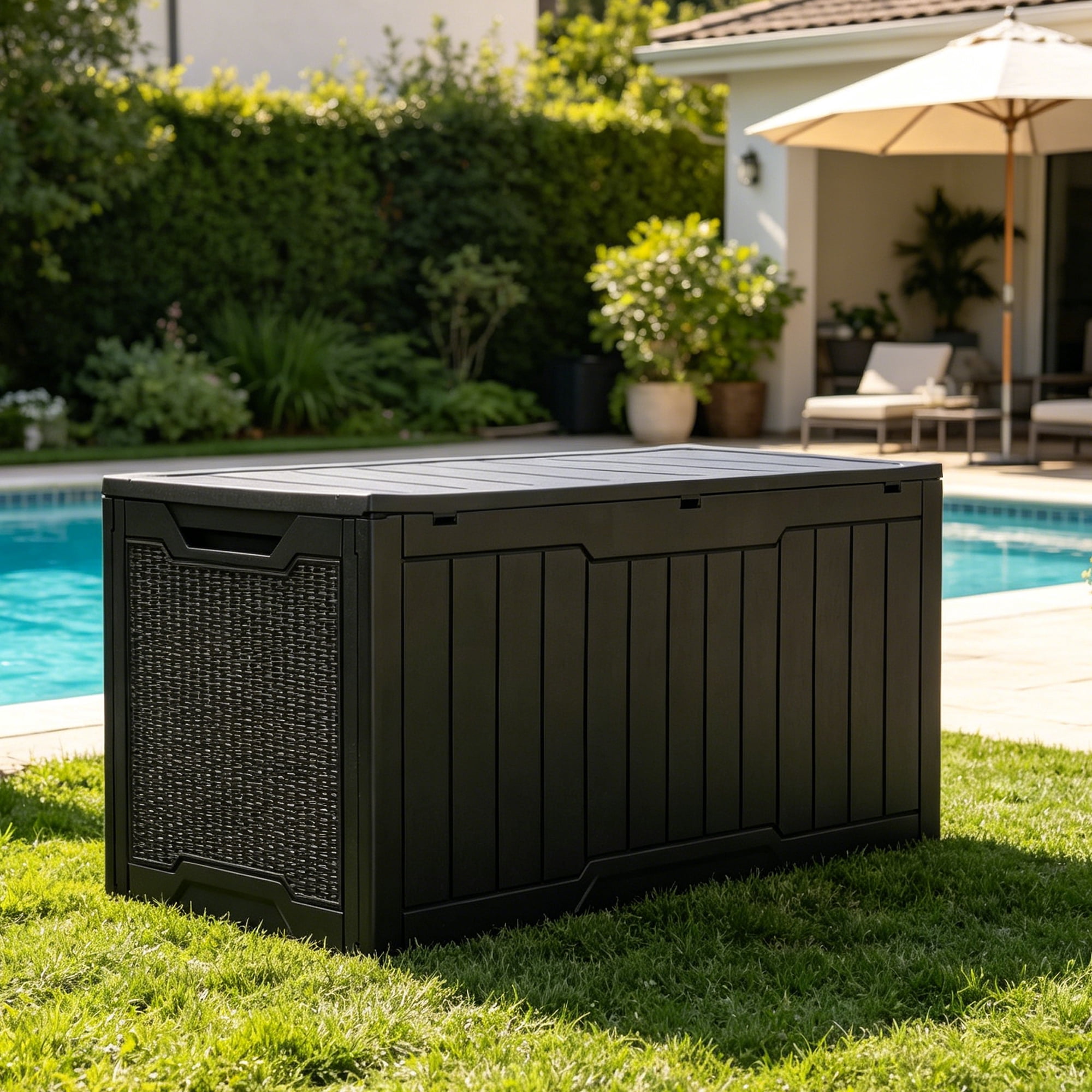 Uforic 100 Gallon Weatherproof Resin Deck Box, Lockable Outdoor Storage Container for Patio Cushions, Garden Tools and Pool Supplies, Black