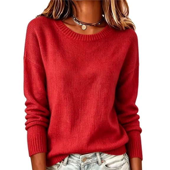 Dwellite Sweaters for Women Knit Cropped Crewneck Basic Trendy Fall Tops Cropped Sweater Winter Long Sleeve Dressy Top 2026 Red M