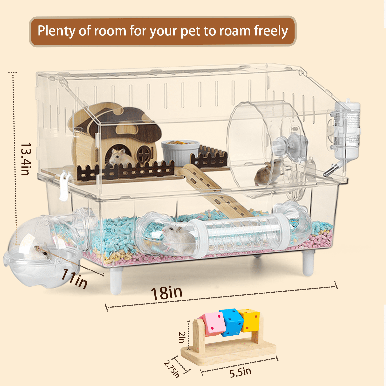 9 in 1 Acrylic Hamster Cage with all accessories and an activity tube,2-layer Hamster House,transparent viewing,top open Mouse Cage for pet mice,Hamster Habitat for Dwarf Hamster,Gerbils;18"x11"x13.4