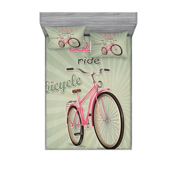 Ambesonne Vintage Fitted Sheet & Pillow Sham Set, Retro Pop Art Bike, Queen, Green Pink