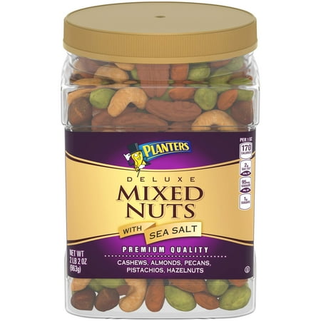 PLANTERS Deluxe Salted Mixed Nuts  34 oz. Resealable Canister - Contains Cashews  Almonds  Pecans  Pistachios & Hazelnuts Seasoned with Sea Salt NEW