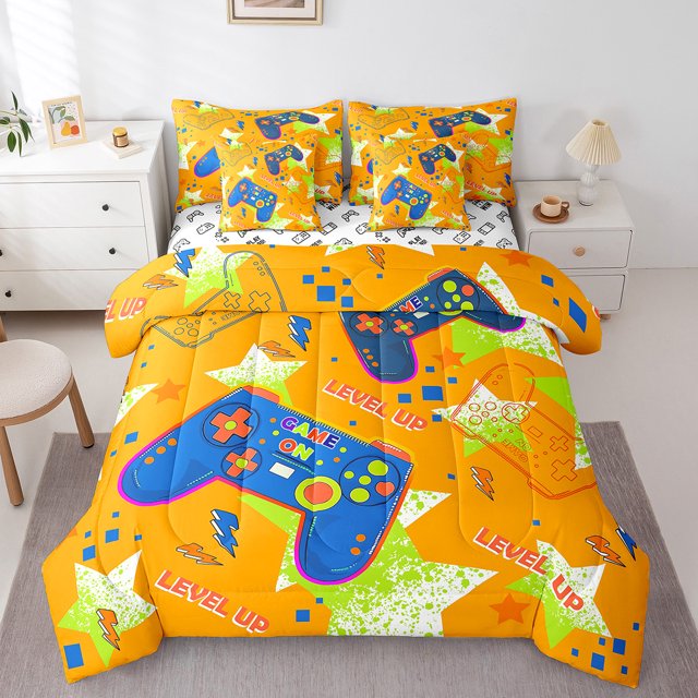 Erosebridal Game Controller Bedding Twin Size, Cartoon Gamepad Bed Set, Boys Gaming Reversible Bed in a Bag Twin size, Microfiber Room Decor, 7 Pieces