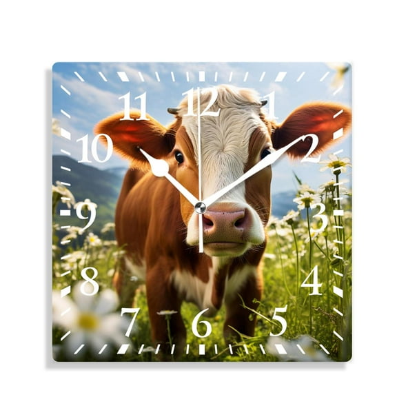 12 Inch Wall Clock Battery Operated Silent Clock Decorative for Office, Kitchen, Outdoor, Living Room，Brown Cow with Flowers in Muzzle Colorful