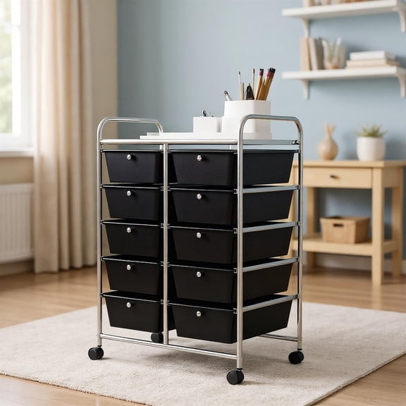 Topcobe 10-Drawer Rolling Storage Cart, Rolling Carts with Wheels for Kitchen, Living Room, Black