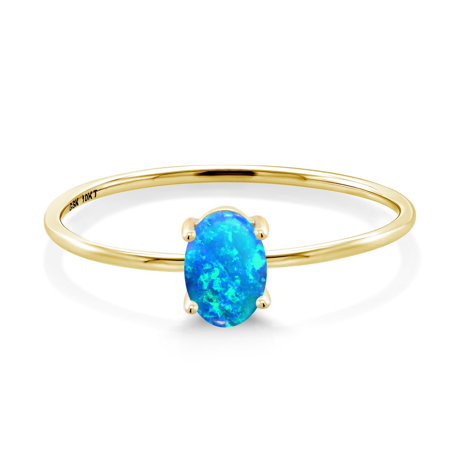 Gem Stone King 10K Yellow Gold Blue Simulated Opal Women Engagement Ring (0.50 Ct Oval Cabochon Cut 6X4MM,)