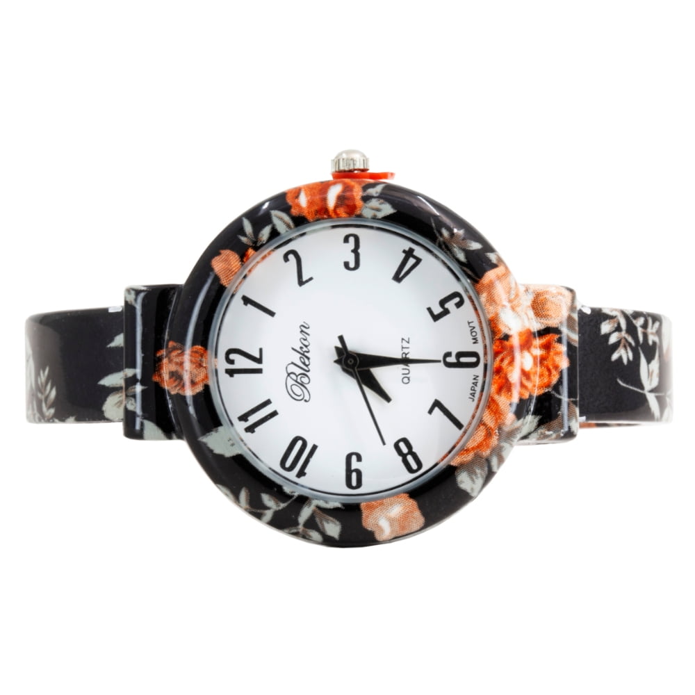 Blekon Collections Women’s Cuff Bangle Watch – Elegant Flower Design Bracelet Timepiece, Fashion Jewelry Wristwatch for Ladies, Stylish Dress Gift, Multiple Design Options