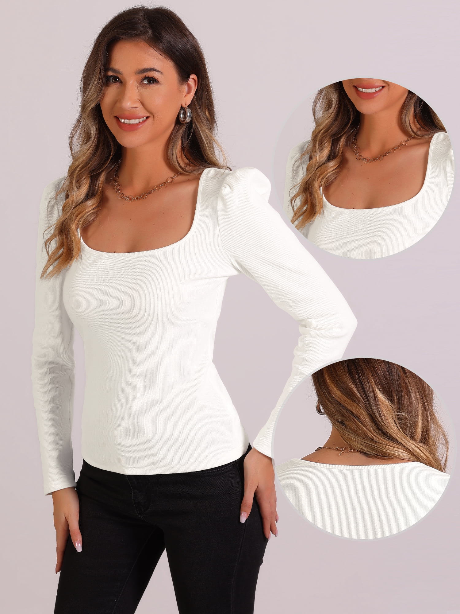 DARING DIVA Women's Square Neck Top Long Sleeves Ribbed Knit Tops M White