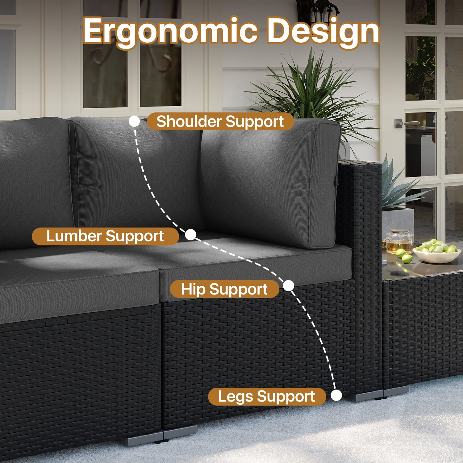BaPiPro 7-Piece Outdoor Patio Furniture Set, Black Wicker Rattan Sectional Sofa with Dark Gray Cushions & Coffee Table, All-Weather for Backyard, Porch, Deck, Balcony