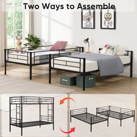 Twin Over Twin Bunk Bed Frame with trundle, Heavy-Duty Metal Bunk Bed with Safety Guard Rails and Ladder for Bedroom, Apartment, Dorm, ,Can be Divided into 2 Beds, Mattress Not Included, Black