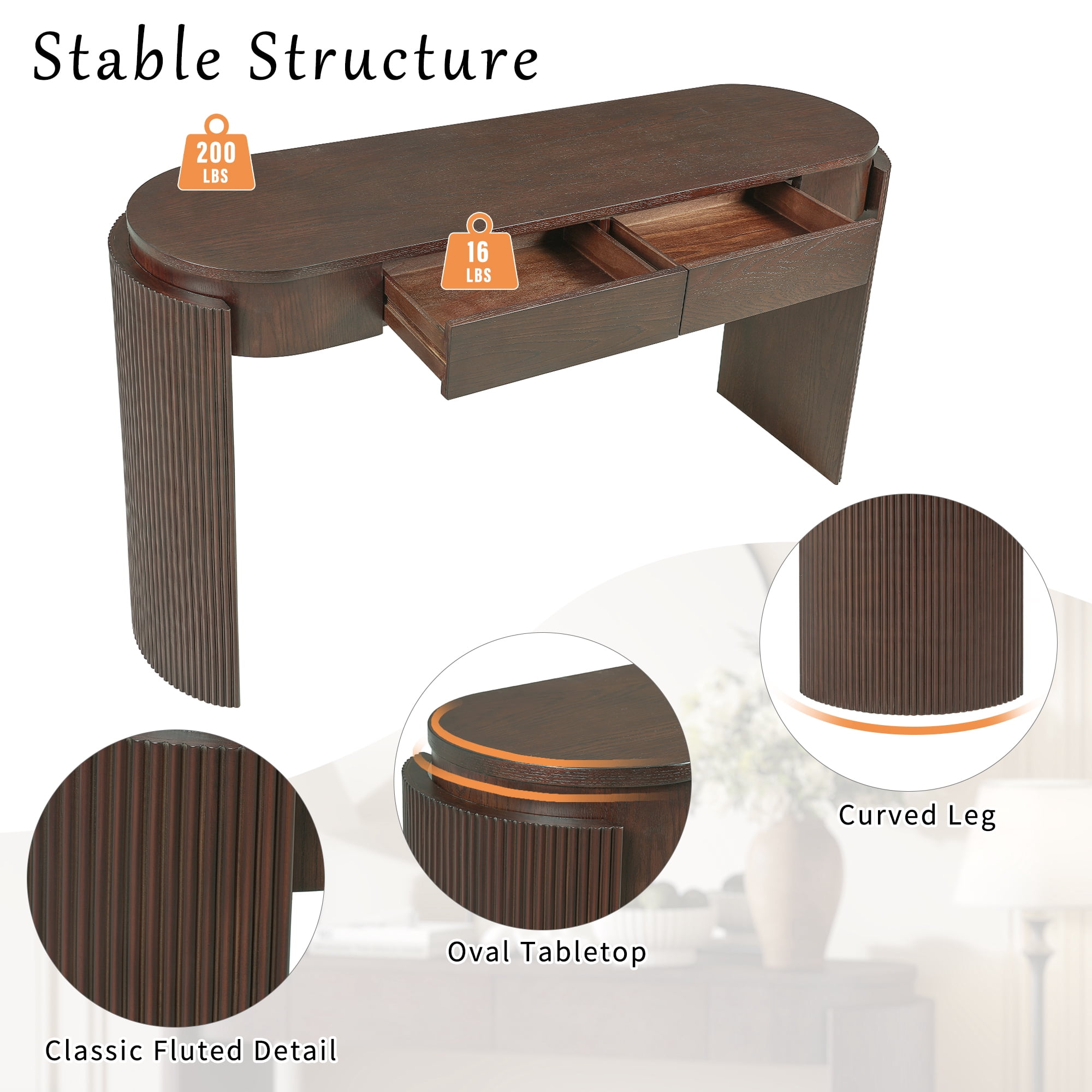 Harper & Bright Designs Fluted Console Table with Storage, Wood Entryway Table with Drawers and Oval Top Shelf, Espresso