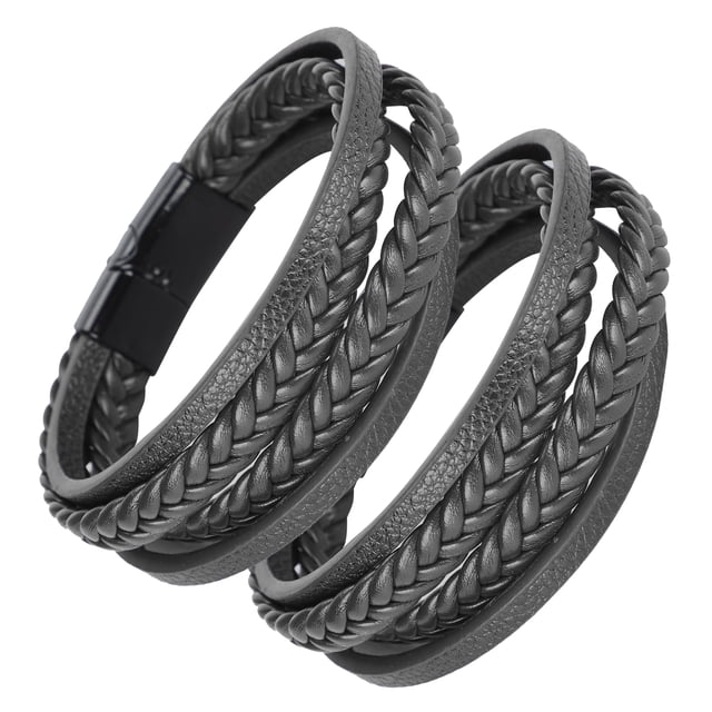 2 piezas pulseras PU cuero trenzado pareja Casual hecho a mano de múltiples capas muñeca decoración (hebilla negro)