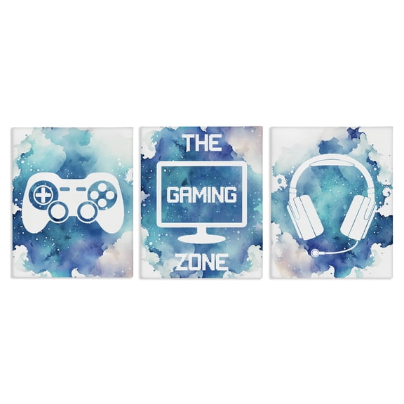 Blue Gamer Splatters 3 Piece Canvas Wall Art Set, design by Marcus Prime