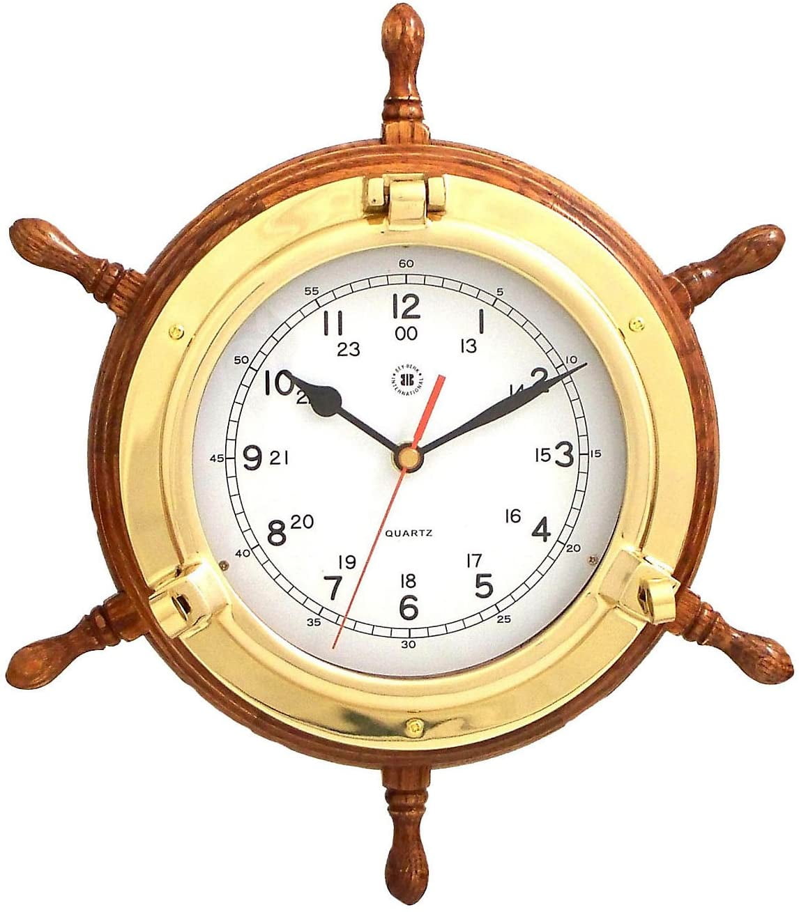 13" Wooden Clock Ship Wheel (Mounted Solid Brass Polished Embedded 9.5