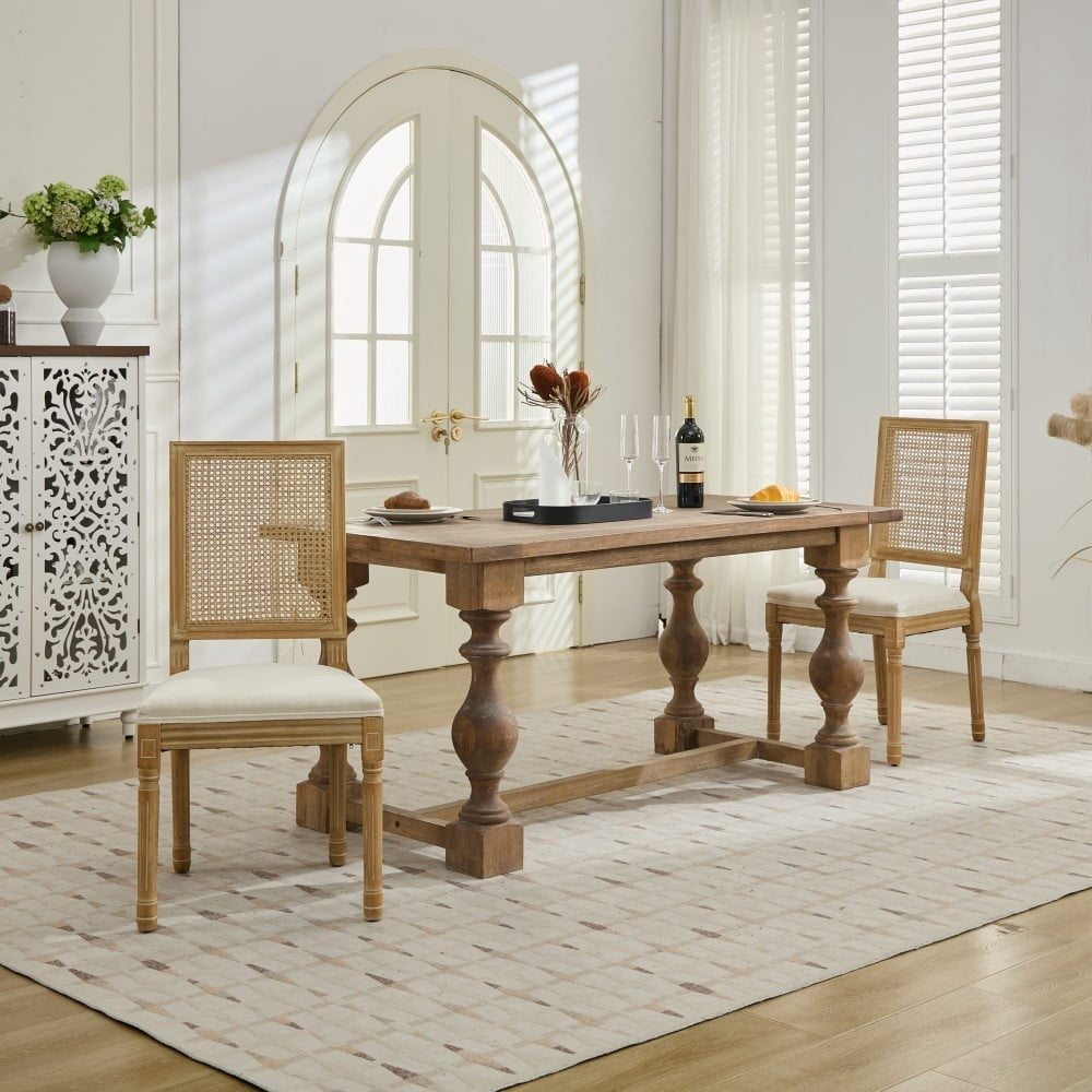 French Dining Chairs Set of 2, Louis Style Chairs with Square Rattan Backrest, Carved Solid Wood Frame, Linen Upholstered Seat, Beige