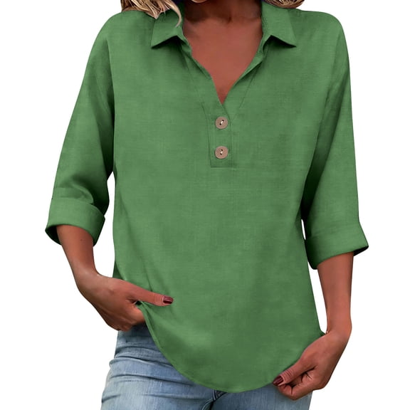 Tbopshirt Womens Blouses Summer Tops for Women Casual V Neck Button Down Shirt 3/4 Roll Up Sleeve Tunic Top Loose Fit Top,Green