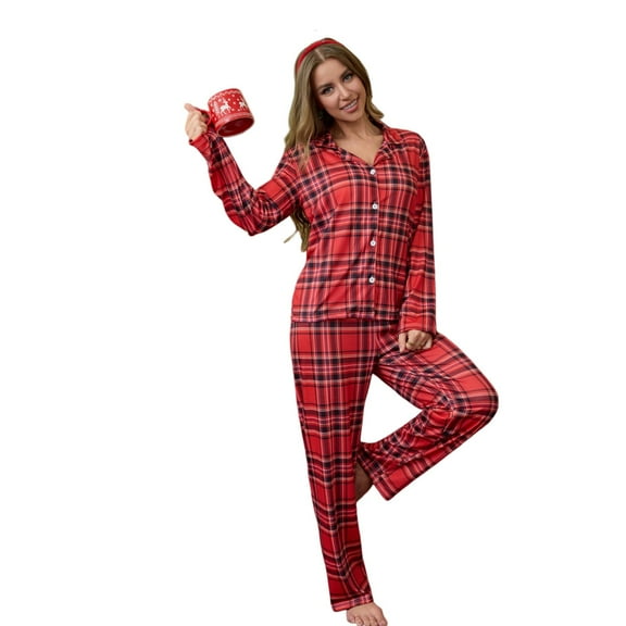 Women Pajama Sets Plaid Button Down Sleepwear Long Pant Holiday Gift Christmas Loungewear Set Red L