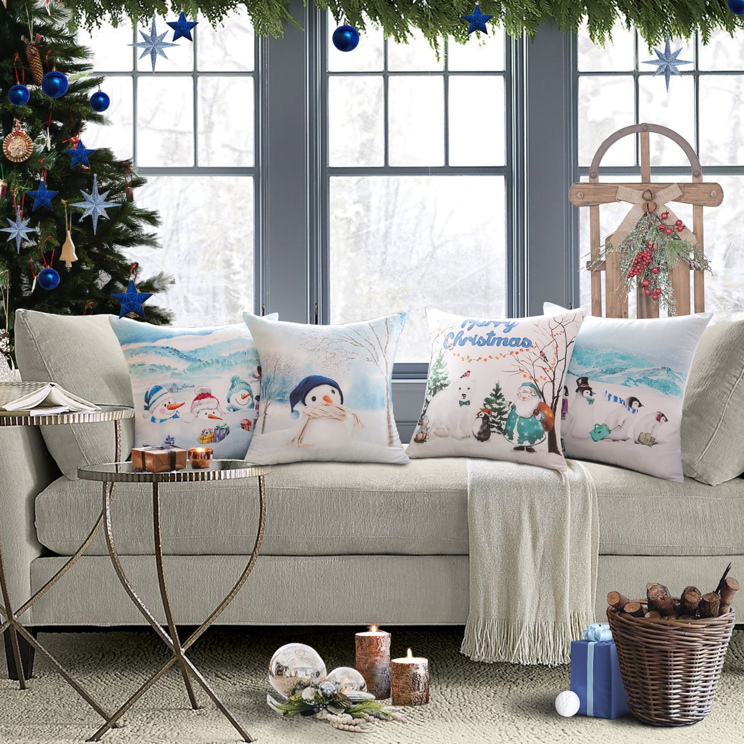 Phantoscope 18" x 18" Embroidery Christmas Polyester Decorative Pillow Cover , ( 4 Count)