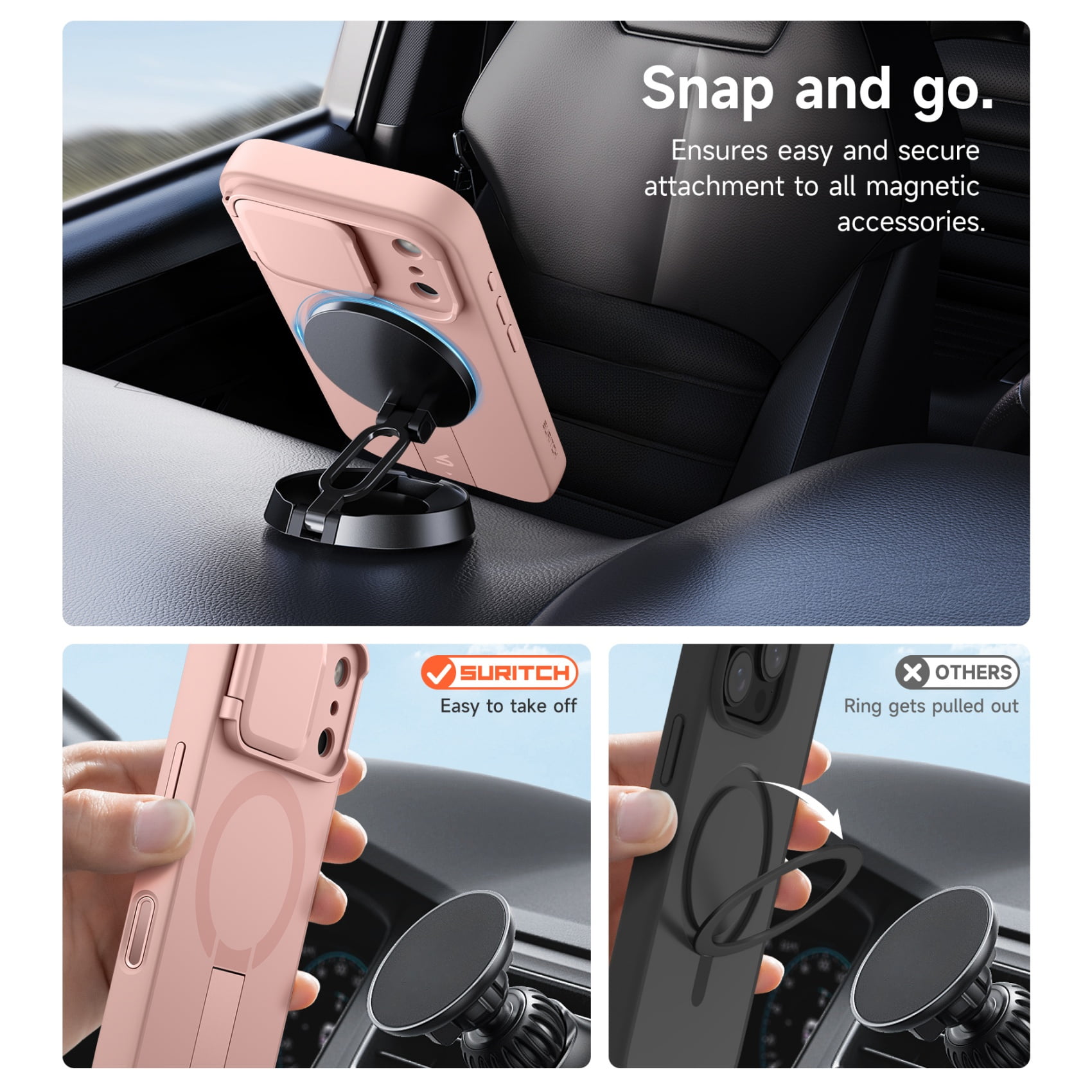 SURITCH Phone Case for iPhone 17 Pro with Camera Cover, Kickstand, Compatible with MagSafe, Shockproof Bumper Slim Protective Cover, Pink