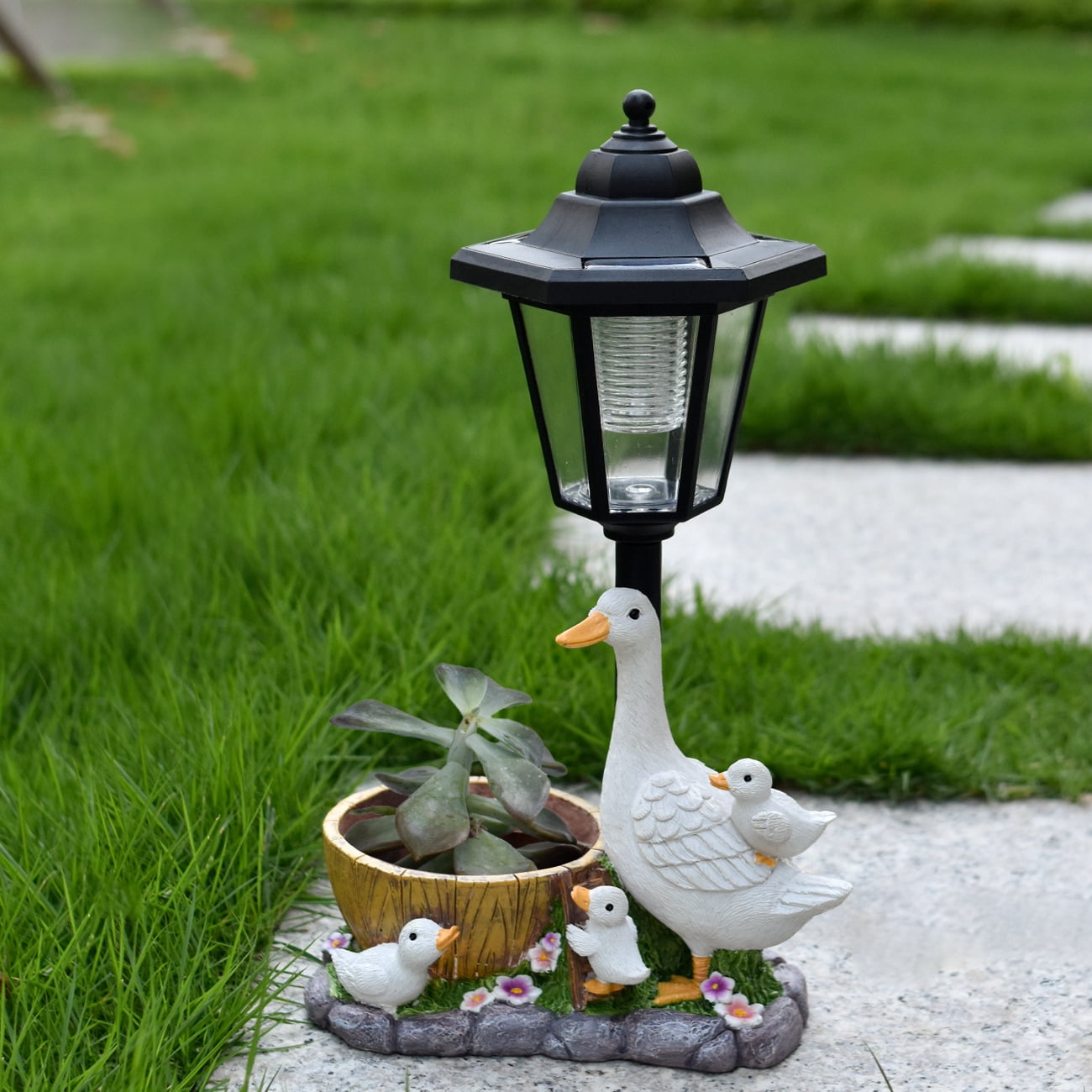 Fountwell Garden Duck Statues with Solar Lantern Flowerpot, Resin Duck Figurines Outdoor Decor – Patio Lawn Backyard Porch Ornaments, Unique Housewarming Birthday Gift for Women Mom