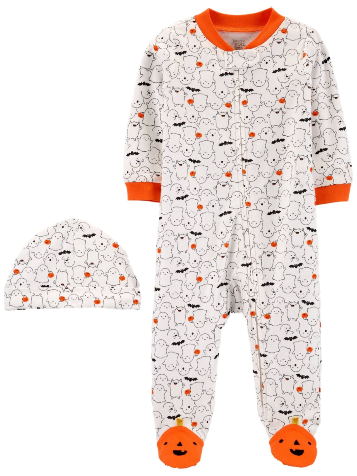 Unisex Carters Halloween Sleep n Play 1 Pc White Orange Pajamas & Bib-sz 6 mths 