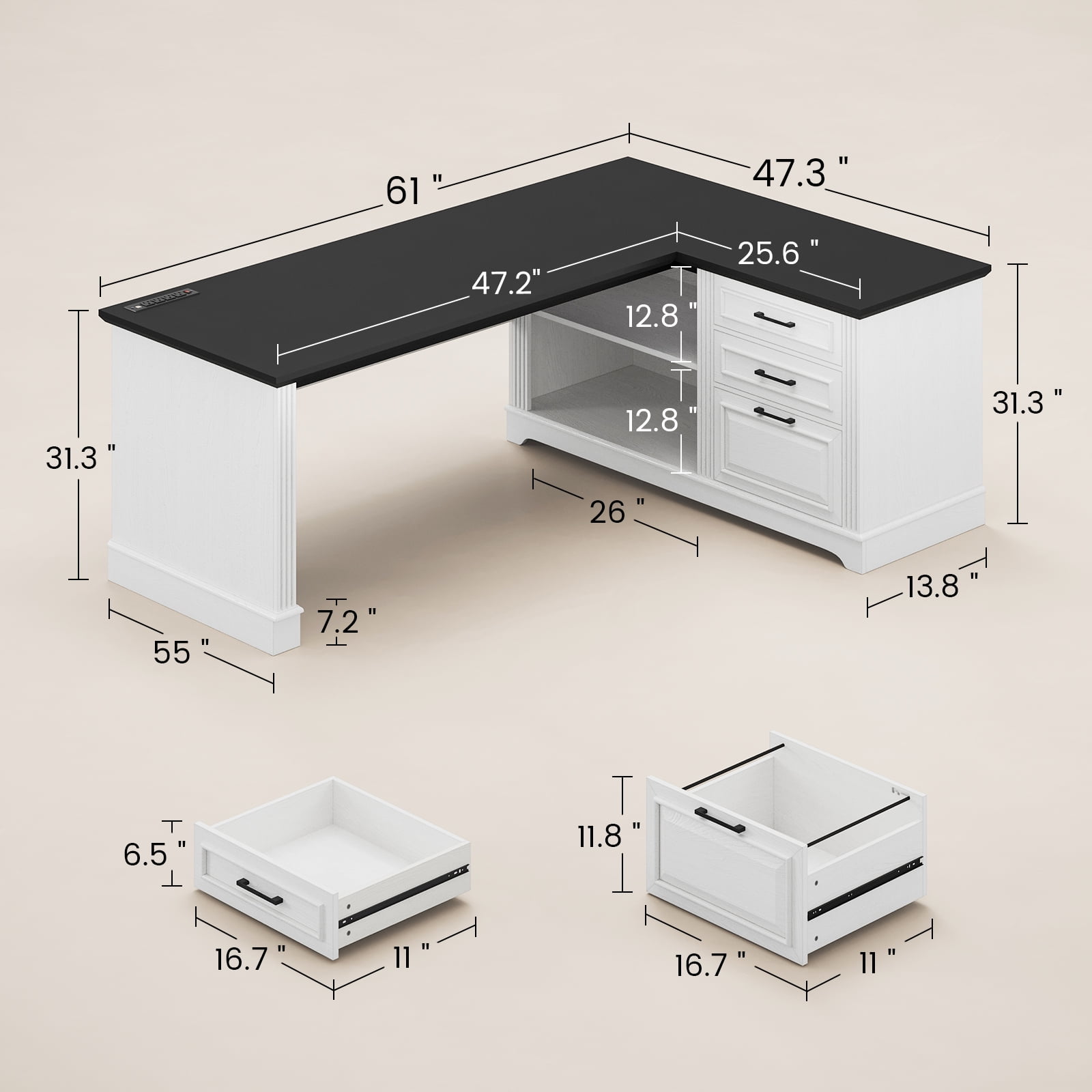 SEDETA Farmhouse L Shaped Desk with Storage, Home Office Desk with Power Outlets, Drawer, File Drawer & 2-Tier Open Shelves, Elegant Corner Computer Desk, PC Large Wood Workstation, White & Black Top