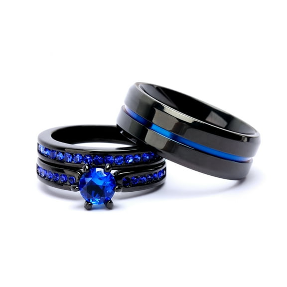 His and Hers Wedding Ring Sets Couples Rings Black Gold Plated Round Blue Cz Stainless steel band