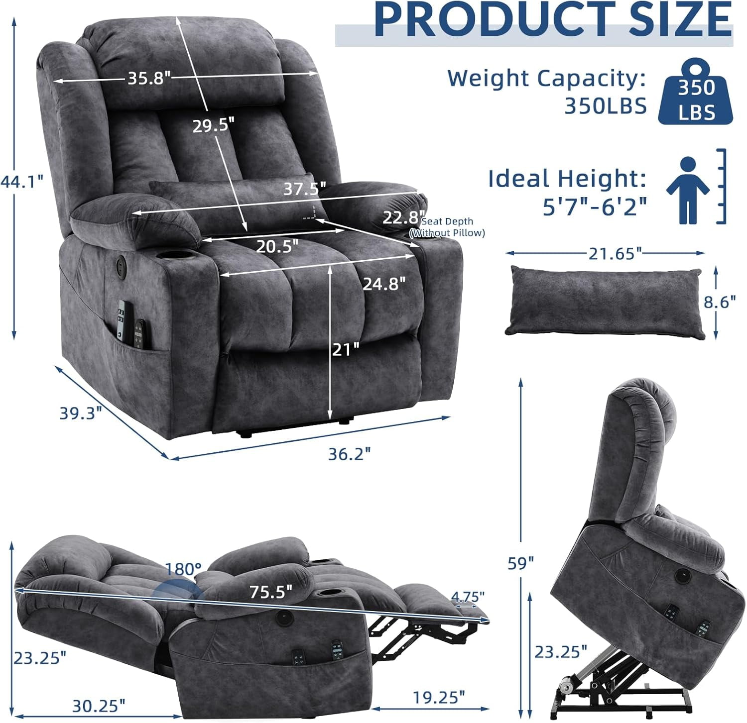 Large Dual Motor Lay Flat Power Lift Recliner Chair with Extended Footrest, Heat Massage, Oversized Electric Recliner for Big Tall Elderly, Lumbar Pillow, USB & Type-C Ports, Plush Gray