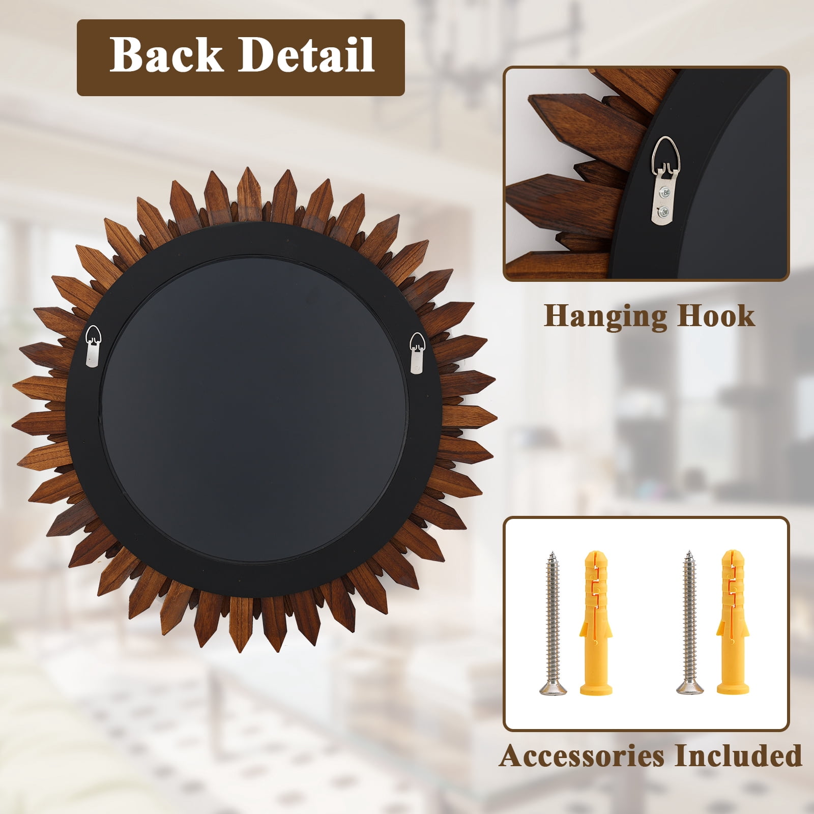 Easy4Home 20" Rustic Wood Mirror Wall Decoration Hanging Round Mirror,Dark Brown