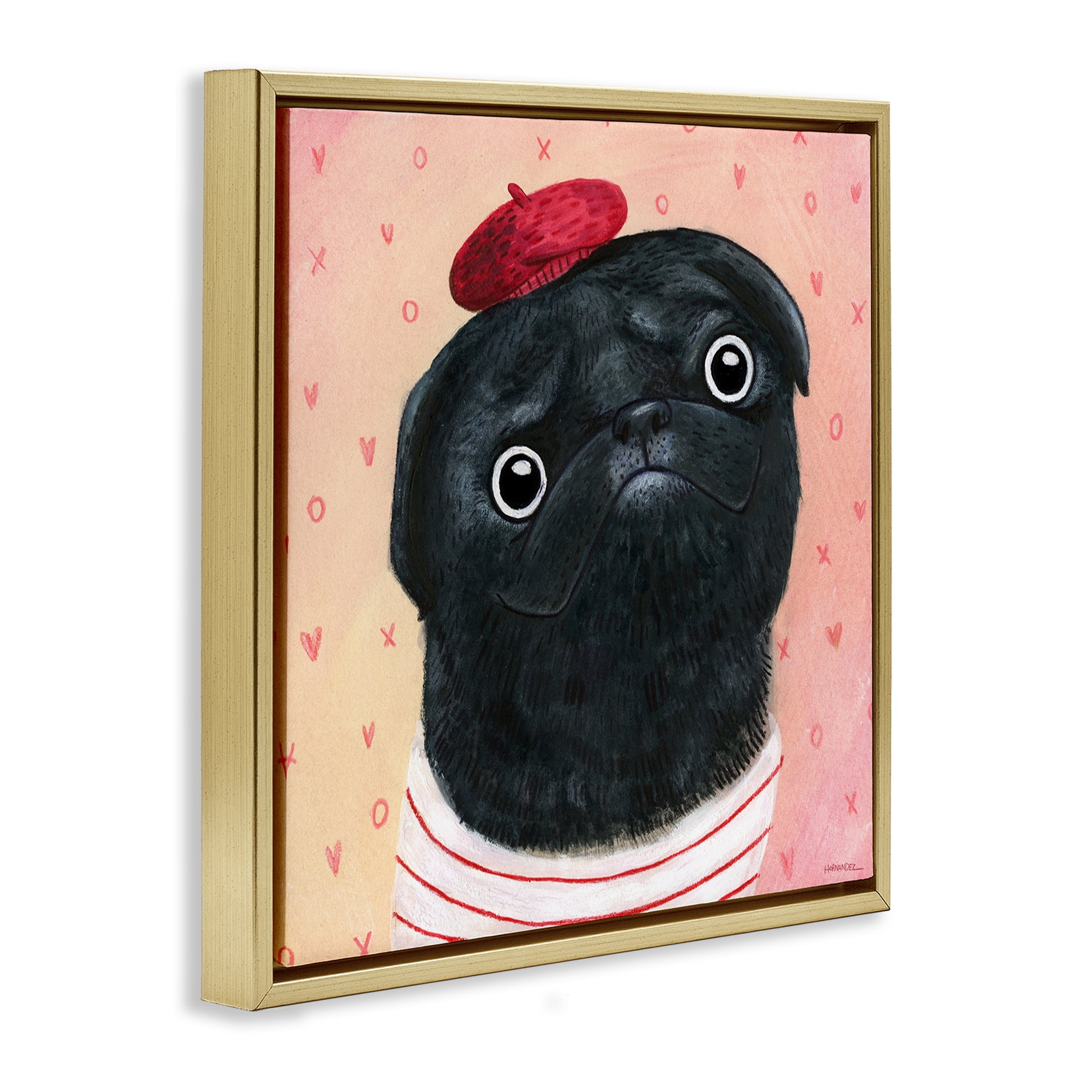 Stupell Industries Happy Pug In Paris Animals Painting Gold Floater Framed Canvas Art Print Wall Art, 25 x 25