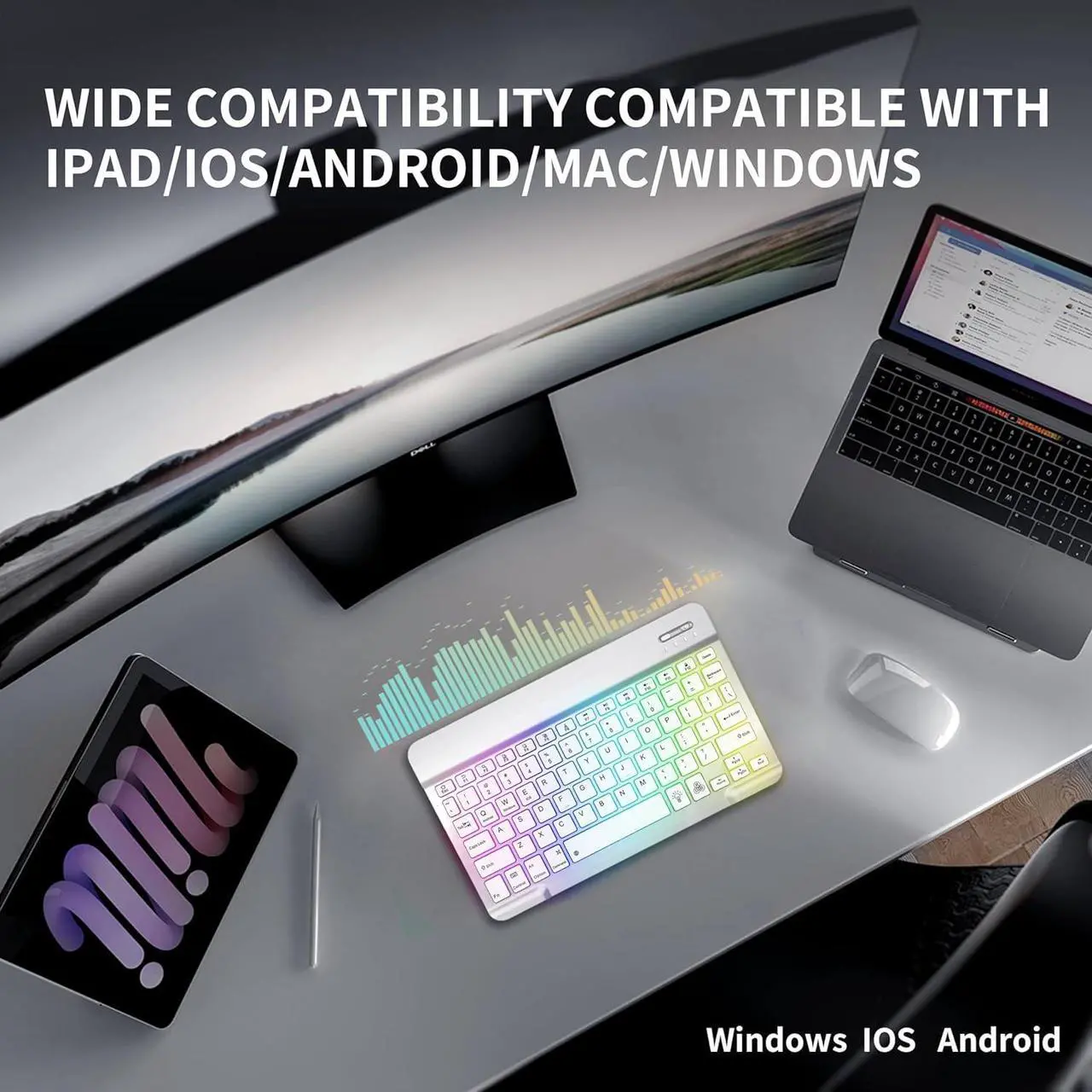 Bluetooth Keyboard and Mouse Combo with 7-Color Backlit, Rechargeable Wireless Keyboard for iPad/Samsung/Tablet/PC/Laptop/iPhone/iOS/Windows/Android