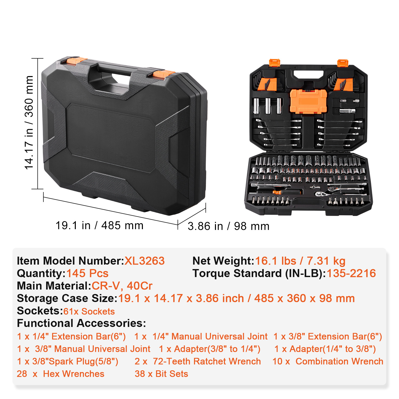 BENTISM 145-Piece Mechanics Tool Kit with Socket Set photo 7
