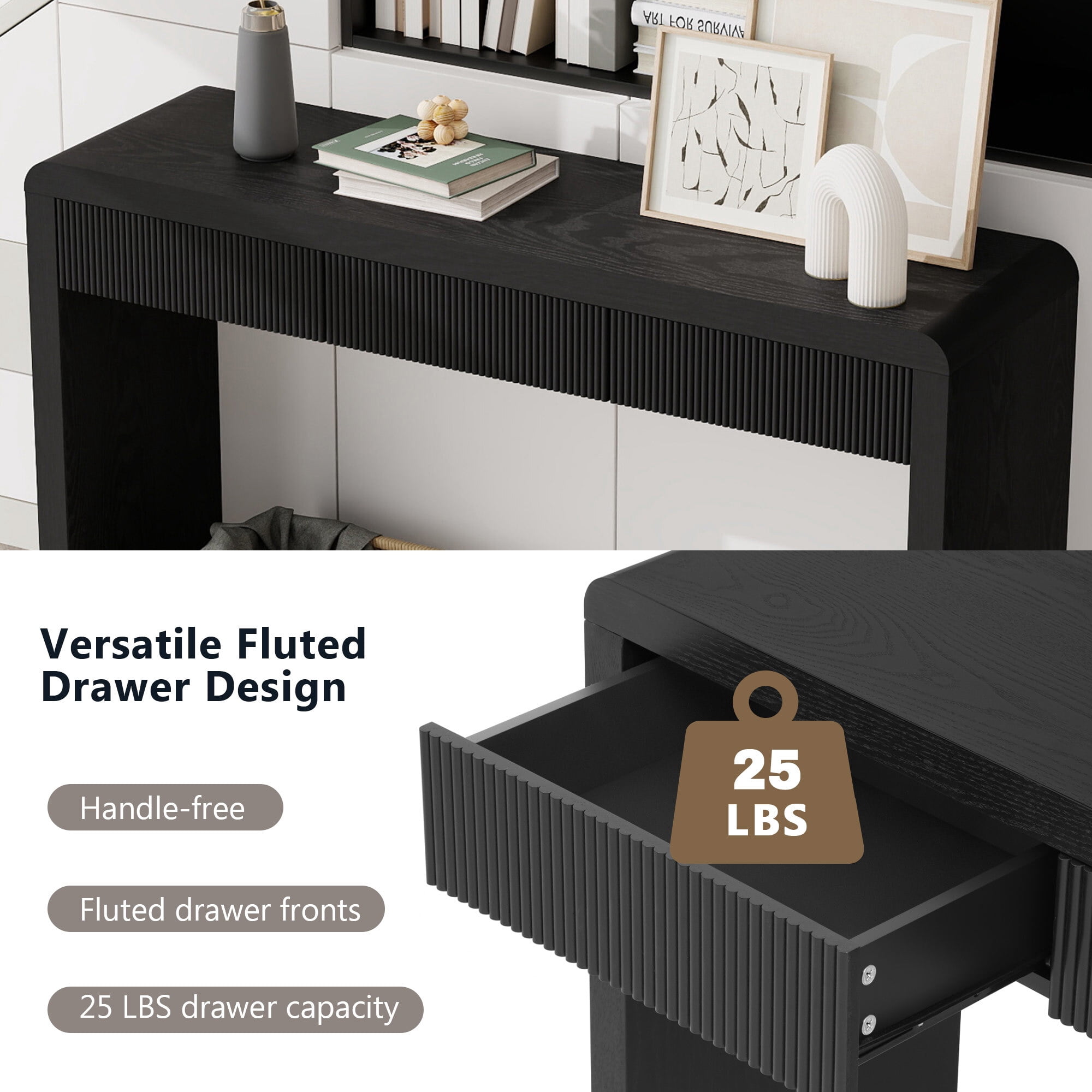 Euroco 52.9" Fluted Console Table with 3 Drawers,Solid Wood Narrow Long Entryway Table for Living Room Foyer Hallway,Black
