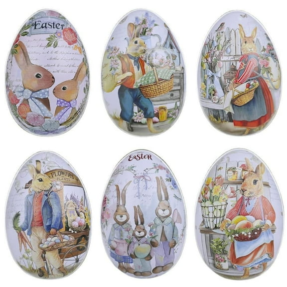 6Pcs Large Assorted Metallic Tin Easter Egg Container Painted Bunny Eggshell Easter Metal Candy Box Random Color