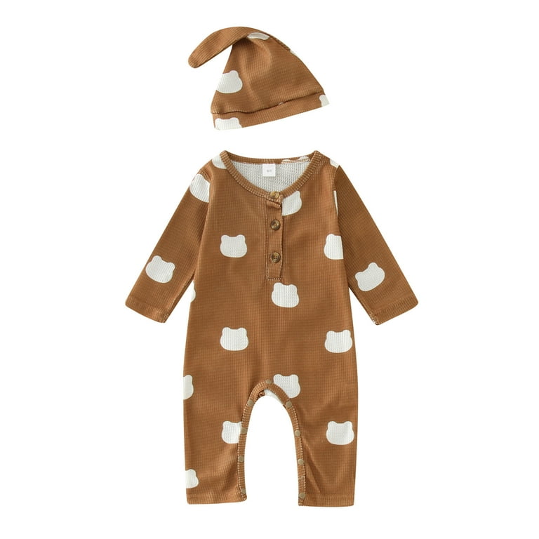 JDEFEG Clothes for 18 Month Old Boy Autumn Baby Girls Boys Cute Knit Romper  Cartoon Printing Long Sleeve Jumpsuits Hat Outfits Clothes Set Kids  Jumpsuit Pajamas Boys Cotton,Spandex Coffee 90 