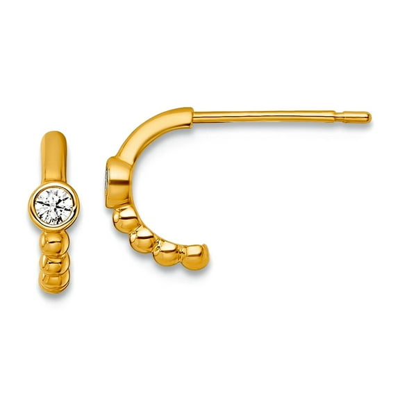 14k Solid Yellow Gold Polished and Beaded Cubic Zirconia Post C-hoop Earrings 8.6x8.6mm Wide 2.7mm Thick Hoop Earring fo