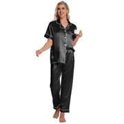 DAKIMOE Silk Satin Pajamas Set for Women Two-Piece Short Sleeve Shirt with Long Pajama Pant Set Soft Button Down Loungewear Nightwear Pjs Sleepwear for Women