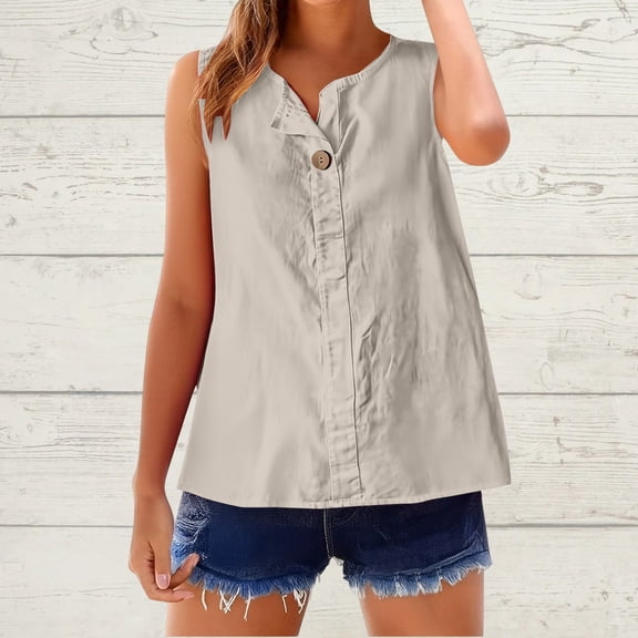 Womens Sleeveless Button Down Shirt Collared Cotton Linen Blouse Casual Shirts Basic Tank Top