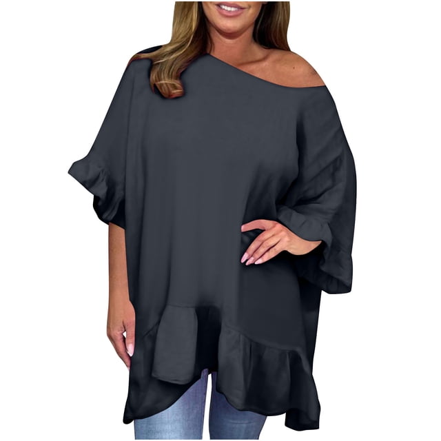 AherBiu Plus Size Tops for Women Summer Casual Loose Fitting Blouses Trendy Ruffle 3/4 Sleeve Flowy Shirts