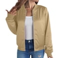 thumbnail image 2 of Hinvhai Jackets for Women Lightweight Zip Up Bomber Jacket with Pockets Stand Collar Windproof Outwear Fashion Fall Coat Khaki L(L), 2 of 9