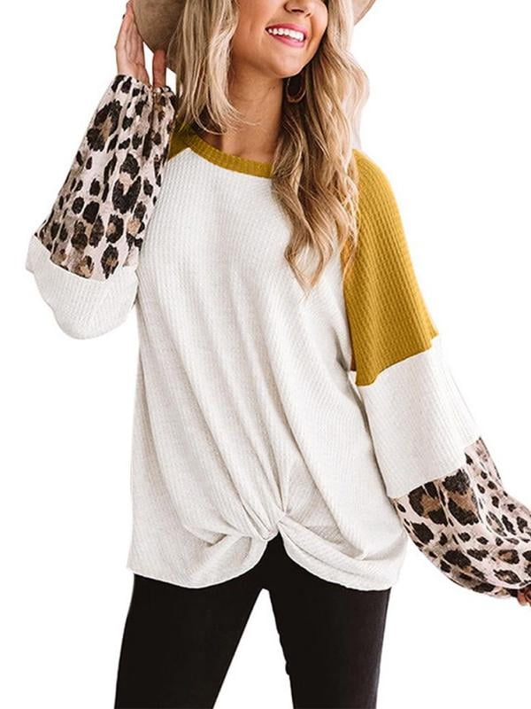 Fronage Womens Leopard Print Tops Long Sleeve Casual Loose Fit Shirts Color Block Tunics