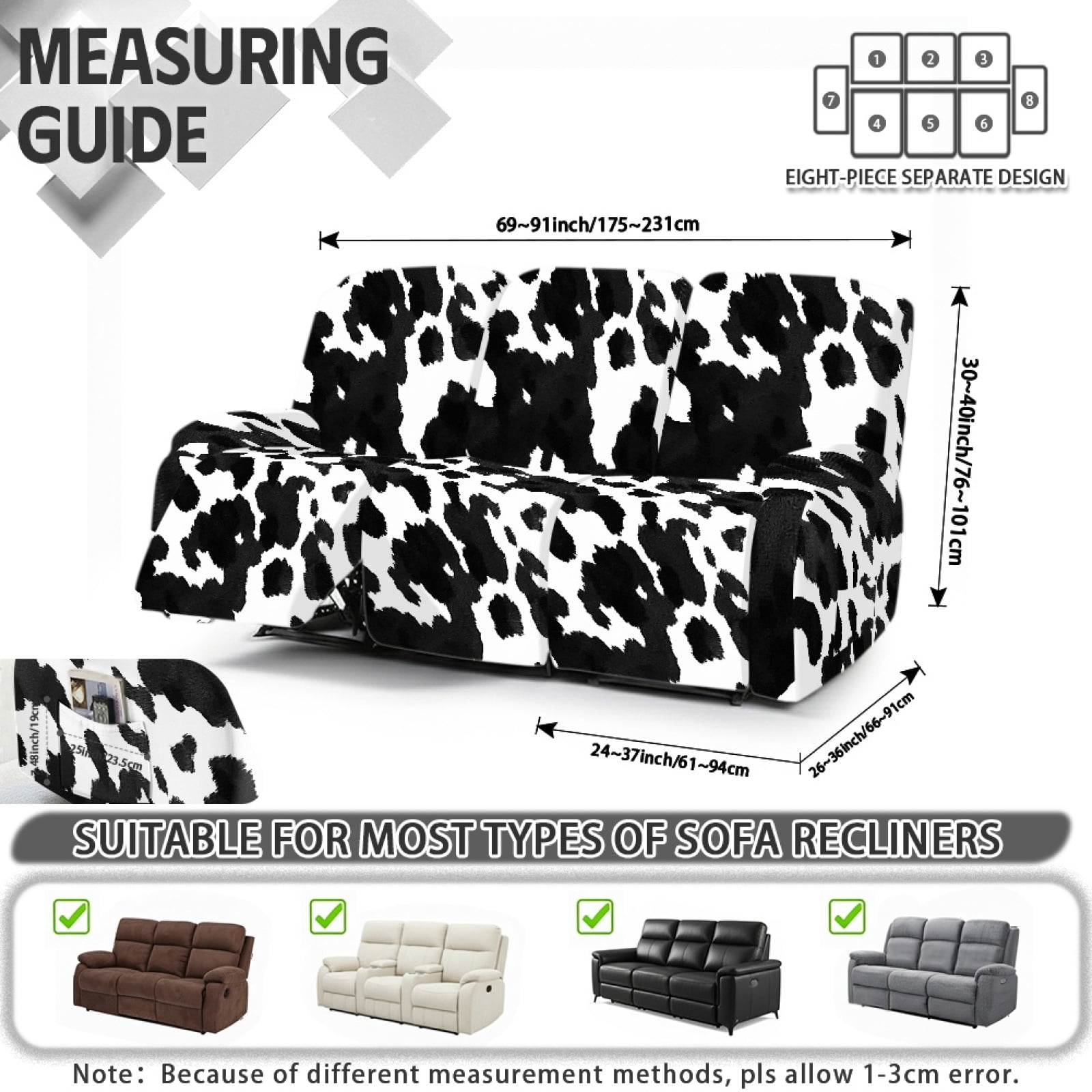COEQINE Reclining Sofa Cover Universal 3 Seater Stretch Sofa Recliner Cover 8 Pieces Recliner Couch Slipcover Polyester Furniture Protector for Kids, Pets, Black White Cow Print