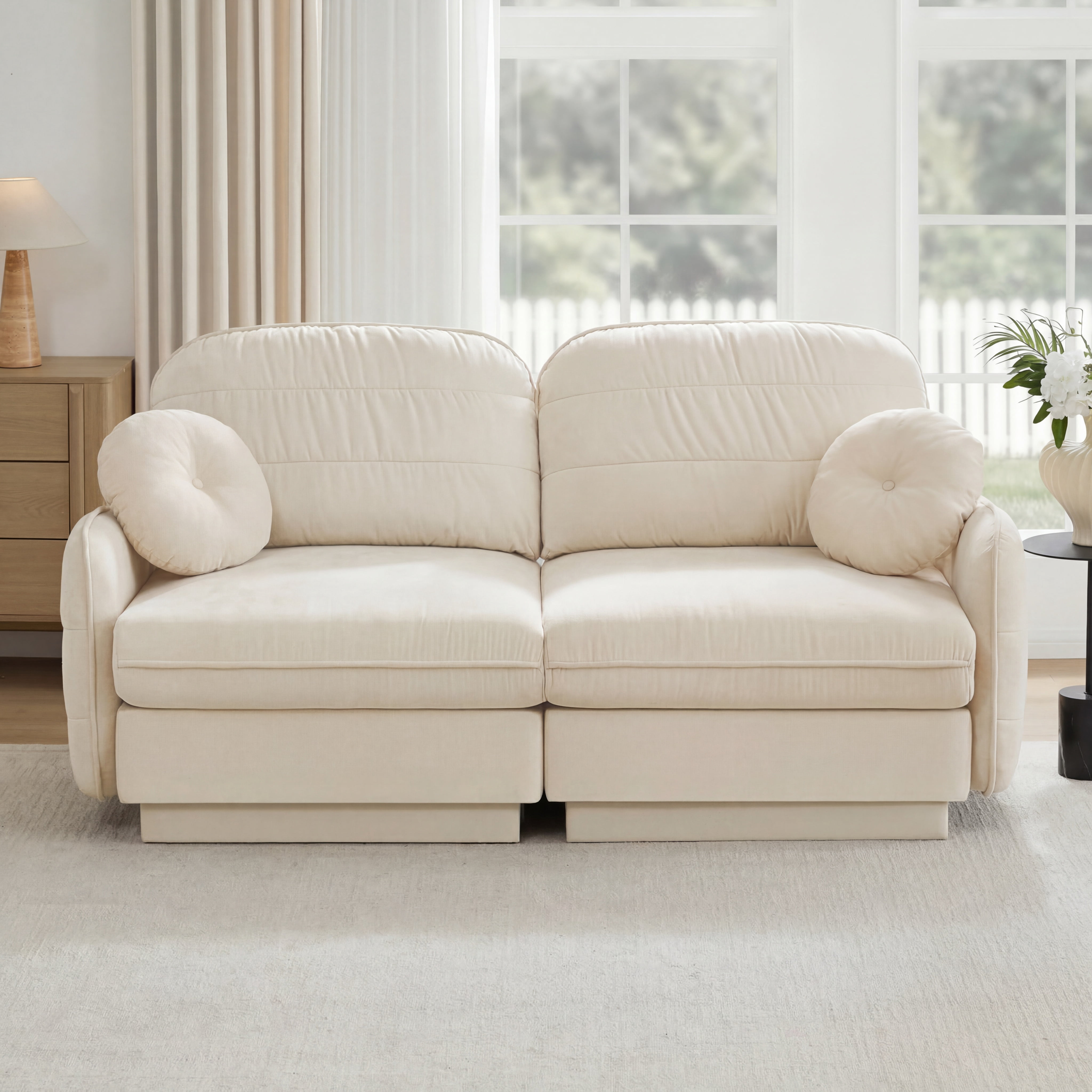 Mintazer Chenille Cloud Loveseat Sofa with 2 Round Pillows, Easy Assembly Ergonomic Design Sofa Couch for Living Room, Bedroom, Cream