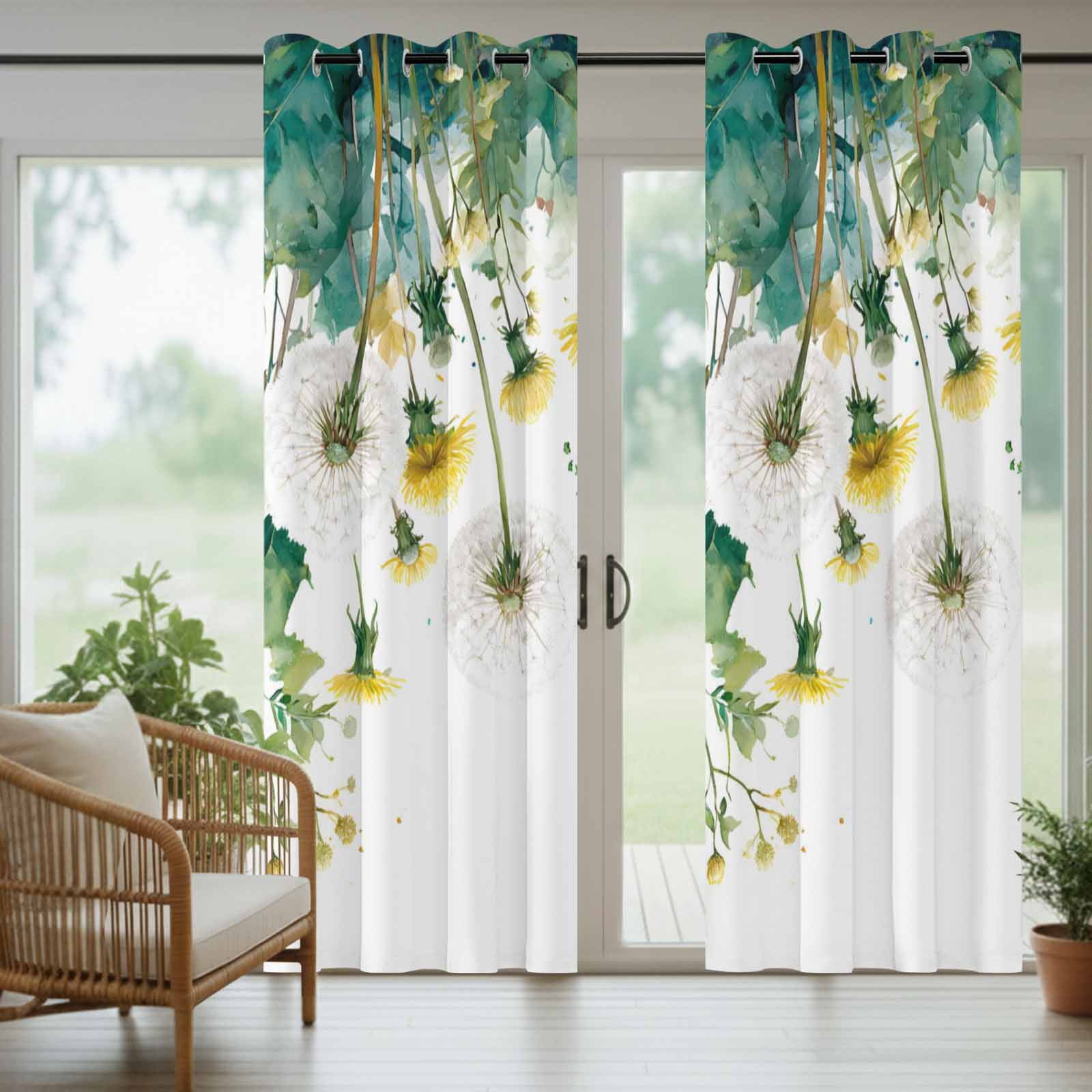White Dandelions Outdoor Curtains for Patio, Summer Botanical Yellow Flower Green Leaf Farmhouse Sunshade Privacy Drapes Grommet Waterproof Outside Curtains for Porch/Cabana/Balcony 54"x108", 1 Panel