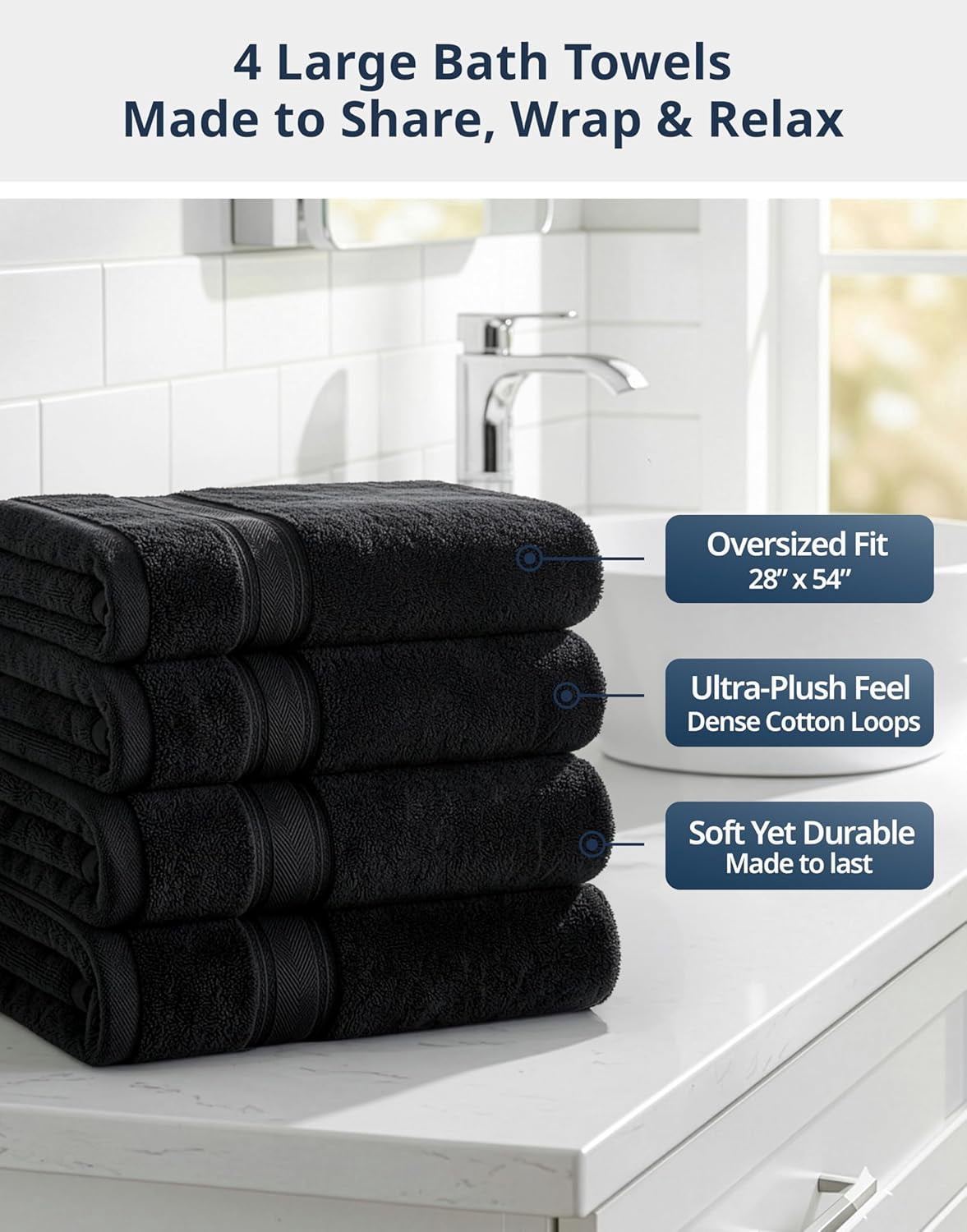 100% Cotton Bath Towels 4 Pack (28"x54") - Zero Twist, Mercerized Cotton Large Towel Set for Bathroom - Quick Dry, Soft & Absorbent Large Bath Towel Set - Oeko Tex Certified - Black Towels