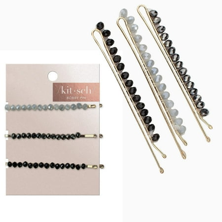 Kitsch Fashion Bobby Pins, Gold Beaded Bobby Pins for Women and Girls, 3 Pcs (Black and Silver)
