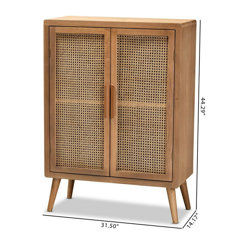 Alina Mid-Century Boho Medium Oak Finished Wood and Rattan 2-Door