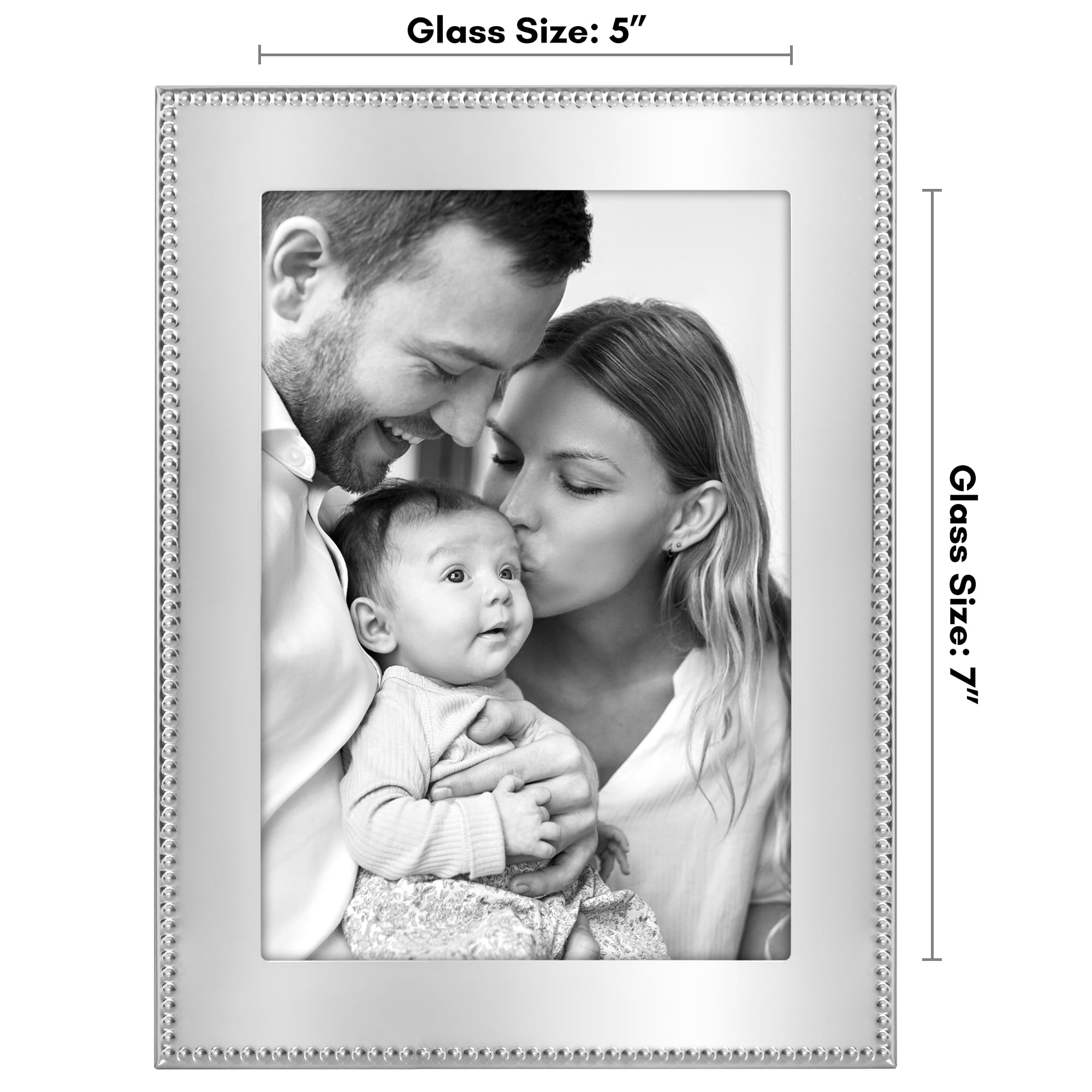 Americanflat 5x7 Picture Frame with Shatter-Resistant Glass Metal Beaded Style Detailing Elegant - Silver
