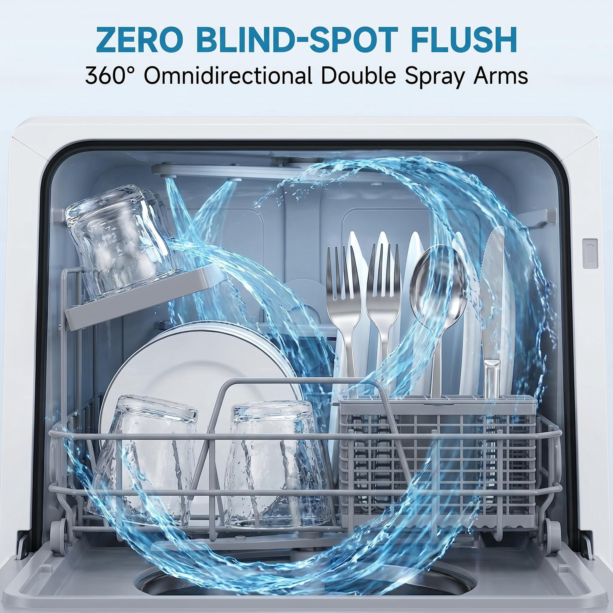 FUNGQI Portable Countertop Dishwasher with 5L Built-in Water Tank, 49dB Ultra-Quiet Mini Tabletop Washer, Upper & Lower Spray Arms, 5 Programs, Faucet Adapter for Apartments RVs, Matte White