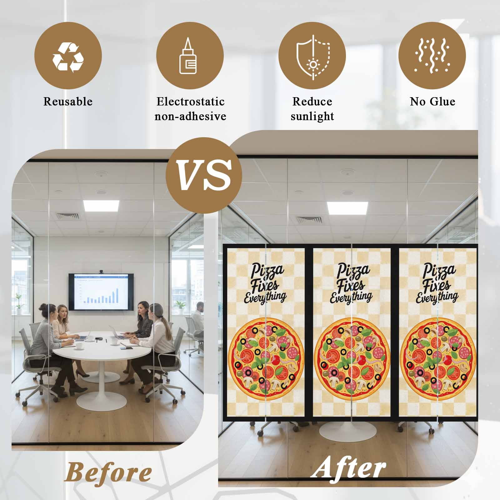 Pizzas Window Privacy Film, Retro Pizzas Art Vintage Yellow Plaid Black Borderlines Frosted Glass Window Clings Static Cling UV Heat Blocking Reusable Door Sticker for Bathroom 23.6 x 59 Inch