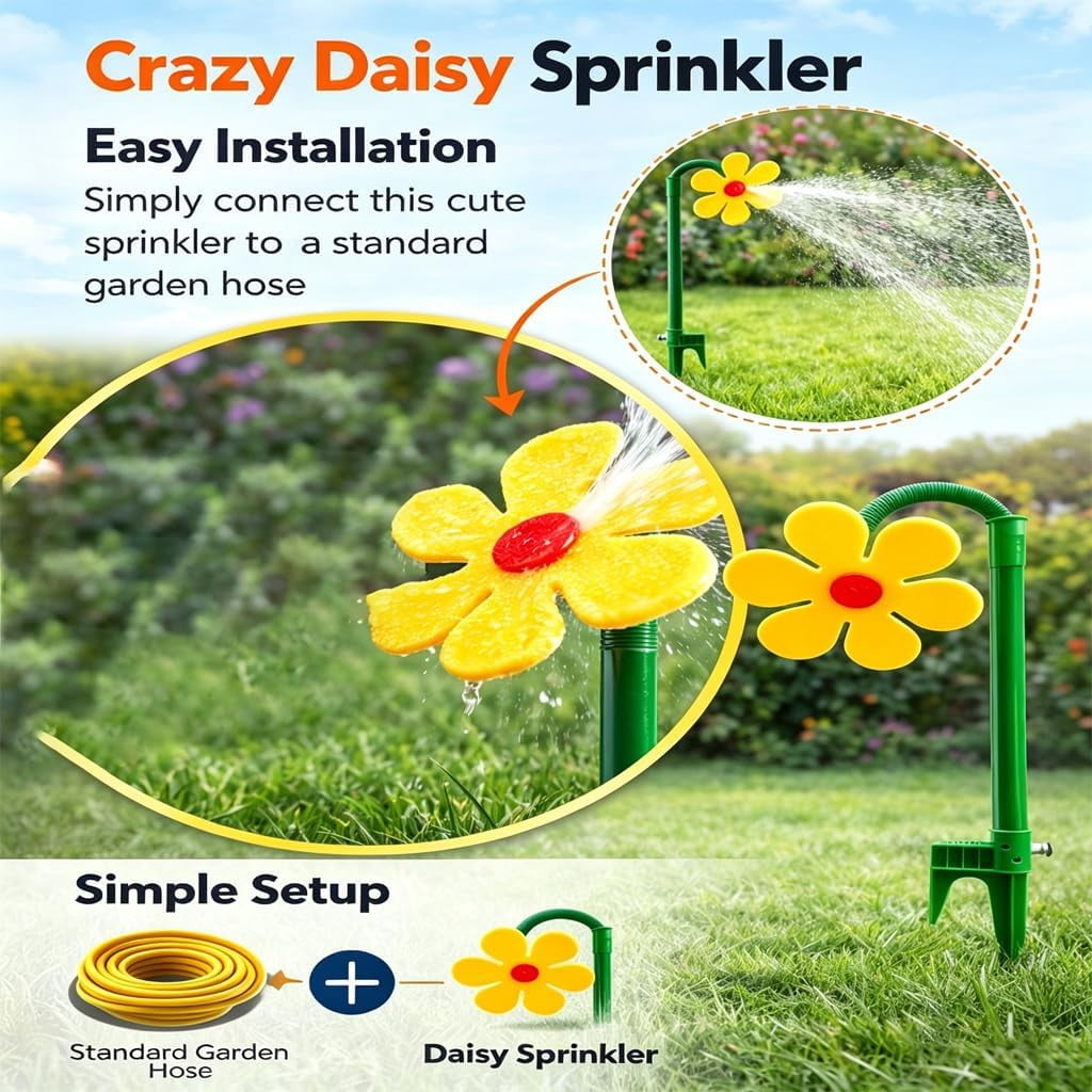Crazy Dancing Daisy 360° Rotating Sunflower Sprinkler – Fun Lawn & Garden Irrigation Tool for Kids, Pets, Yard Watering & Play(RL White 1 PC)